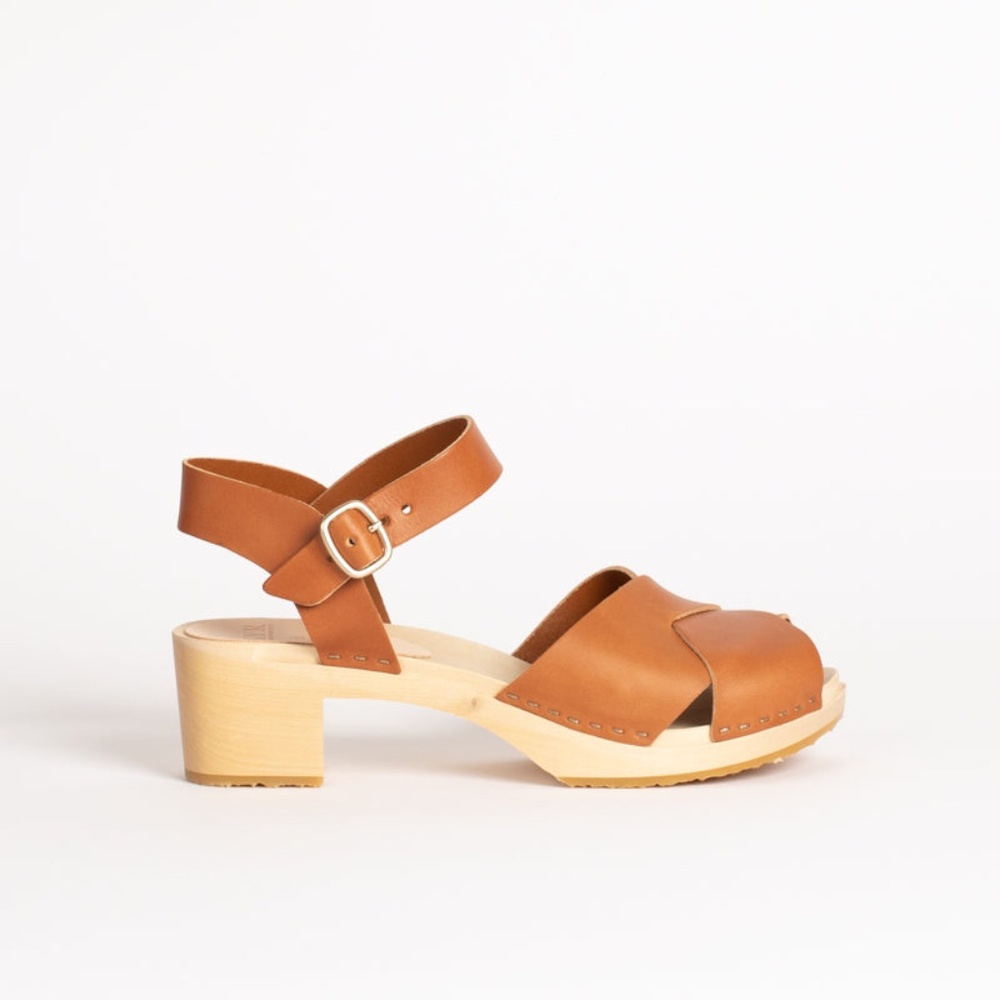 Bryr Sylvie Cross Toe Mid Heel Clog in Whiskey Leather
